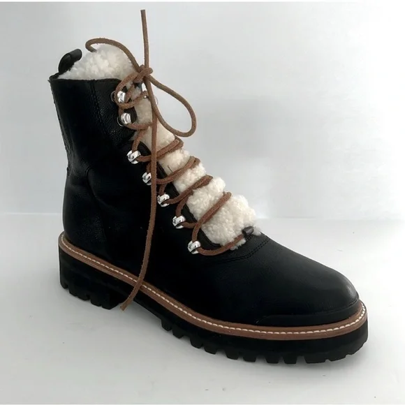 MARC FISHER $199 Izzie Genuine Shearling Lace Up Lug Sole Black Boot Size 6 NEW - Picture 7 of 10